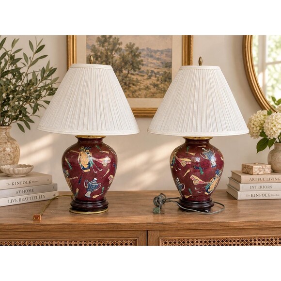 Unbranded Other - Vintage Golf Table Lamps Pair Burgundy Ceramic Golfer Lamp Country Club Decor
